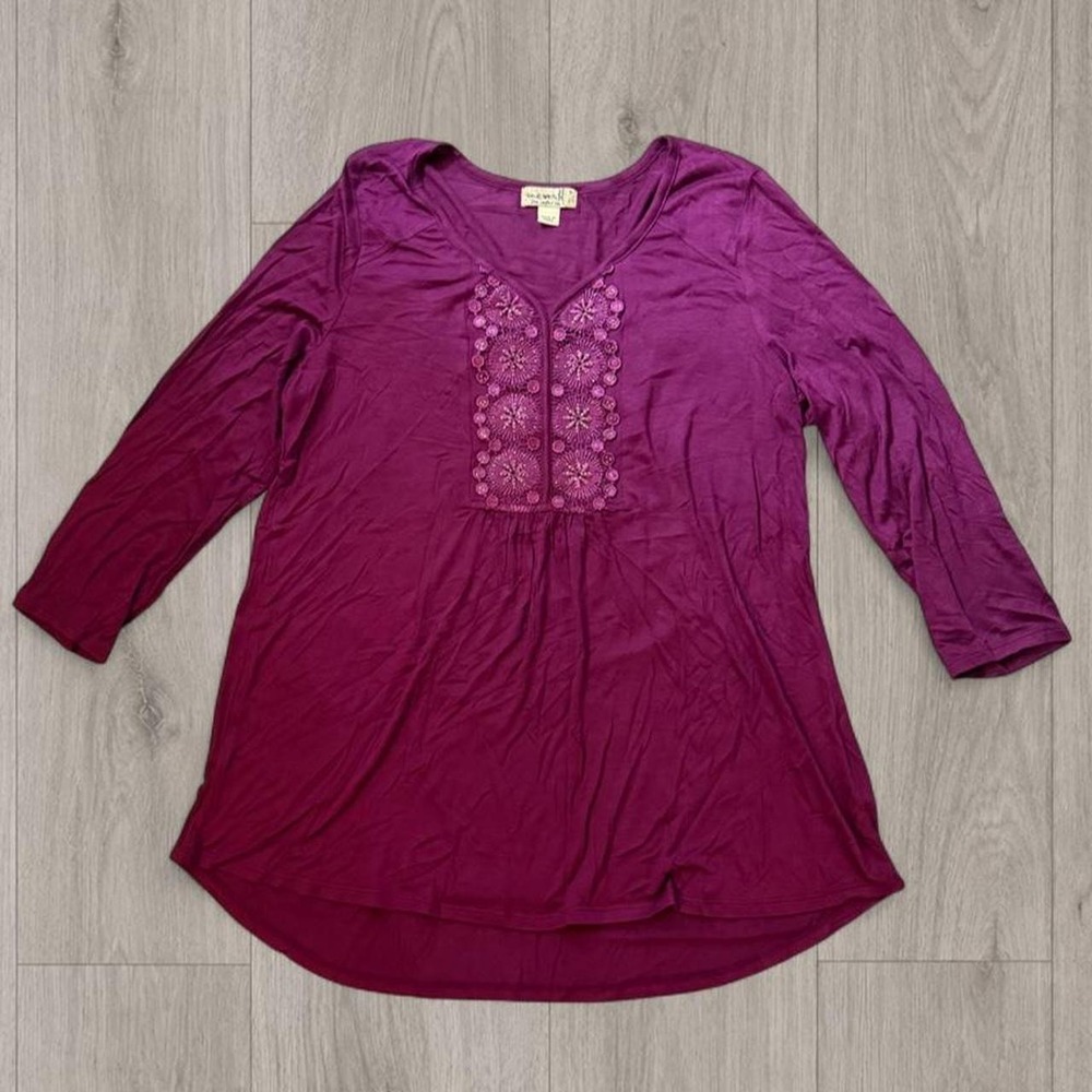 One World berry burgundy Embroidered Boho Tunic Top Small